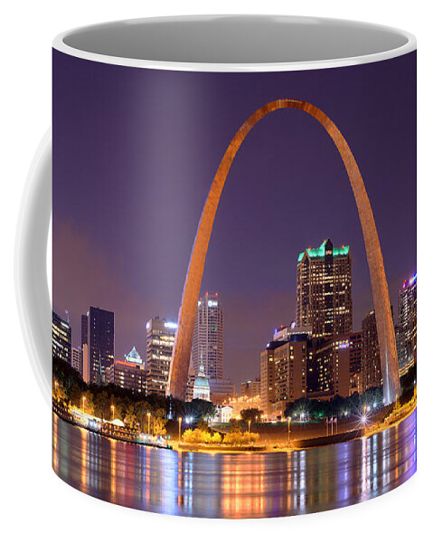 St. Louis Skyline Coffee Mug featuring the photograph St. Louis Skyline at Night Gateway Arch Color Panorama Missouri by Jon Holiday