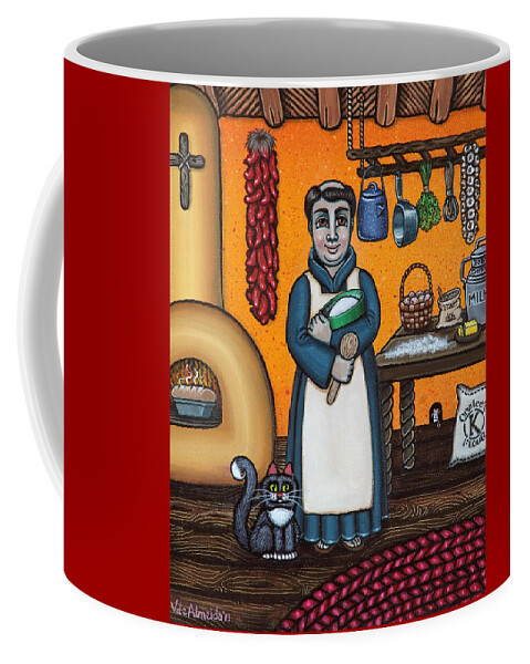 San Pascual Coffee Mug featuring the painting St. Pascual Making Bread by Victoria De Almeida