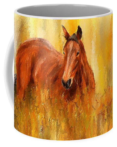 Bay Horse Paintings Coffee Mug featuring the painting Stallion in Autumn - Bay Horse Paintings by Lourry Legarde