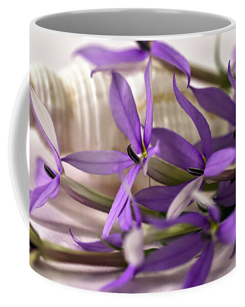 Purple Laurentia Star Flowers Coffee Mug featuring the photograph Starshine Laurentia Flowers And White Shell by Sandra Foster