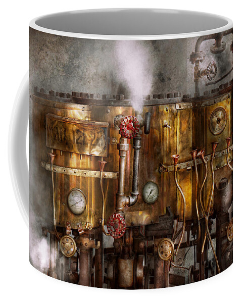Steampunk Coffee Mug featuring the photograph Steampunk - Plumbing - Distilation apparatus by Mike Savad