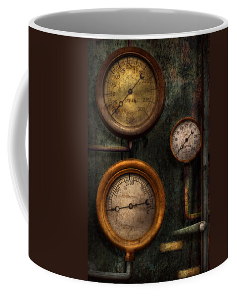 Steampunk Coffee Mug featuring the photograph Steampunk - Plumbing - Gauging success by Mike Savad