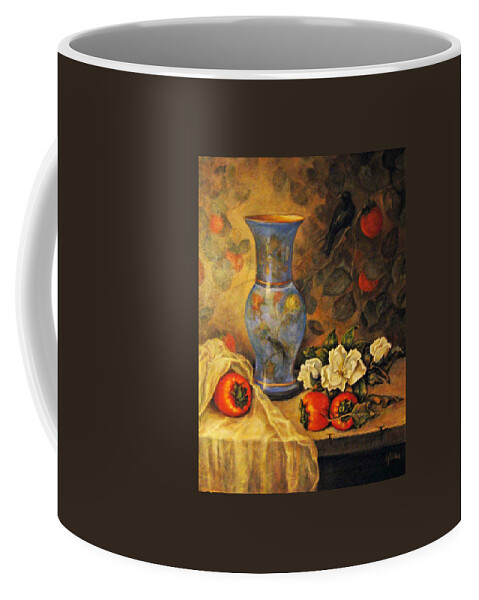 Fruit Coffee Mug featuring the painting Still Life of Persimmons by Donna Tucker