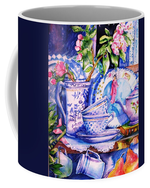  Still Life Coffee Mug featuring the painting Still Life with Japanese Plate and Apple Blossom by Trudi Doyle