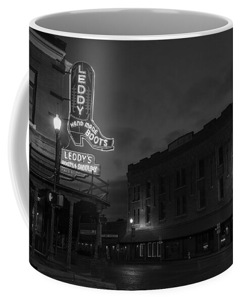 Fort Worth Stockyards Coffee Mug featuring the photograph Stockyards Main and Exchange BW by Jonathan Davison