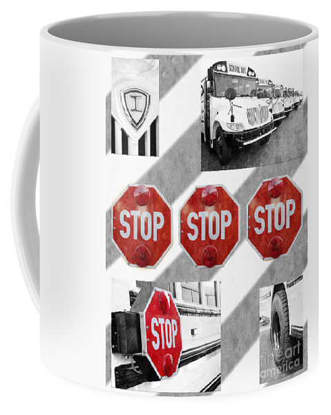  Bus Coffee Mug featuring the photograph Stop For Students Painterly BW Red Signs by Andee Design
