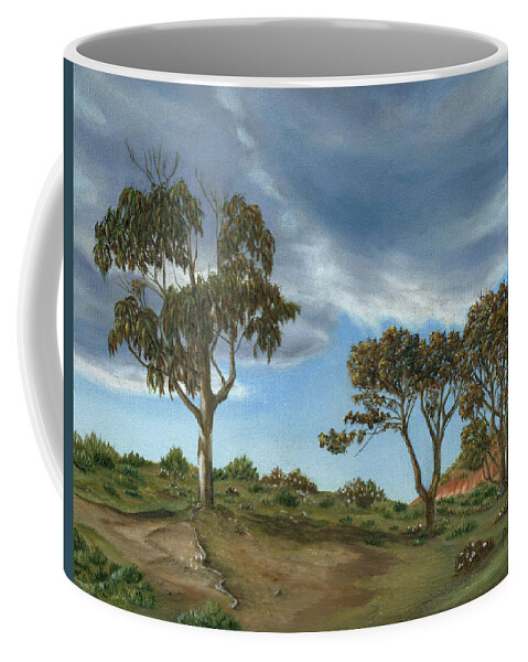 Eucalyptus Coffee Mug featuring the painting Stormy Eucalyptus by Angeles M Pomata