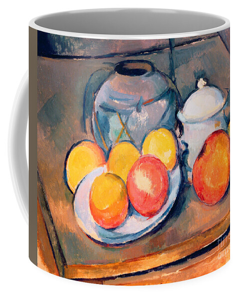 Still Life Coffee Mug featuring the painting Straw Covered Vase Sugar Bowl and Apples by Paul Cezanne