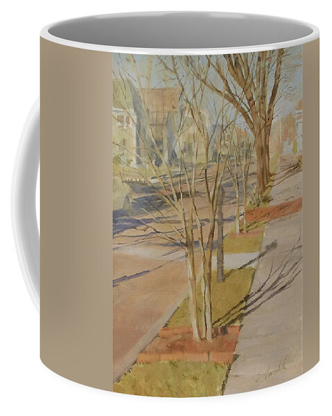 Landscape Coffee Mug featuring the painting Street Trees with Winter Shadows by Ellen Paull