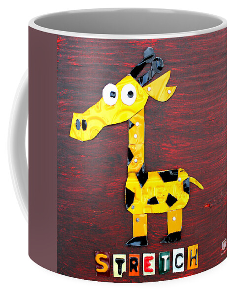 Stretch The Giraffe License Plate Art Animal Jungle Safari License Plate Map Coffee Mug featuring the mixed media Stretch the Giraffe License Plate Art by Design Turnpike