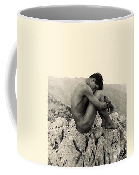 Gloeden Coffee Mug featuring the photograph Study of a Male Nude on a Rock in Taormina Sicily by Wilhelm von Gloeden