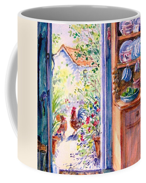 Sunlit Cottage Coffee Mug featuring the painting Sunlit Cottage Doorway by Trudi Doyle