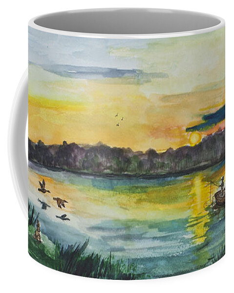 Sunrise Coffee Mug featuring the painting Sunrise on the Lake by Janis Lee Colon