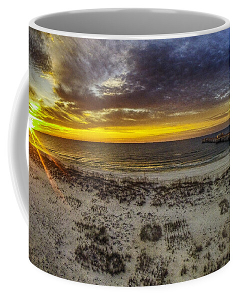 Alabama Coffee Mug featuring the digital art Sunrise Pier and Sun by Michael Thomas
