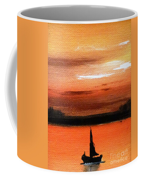 Boat Coffee Mug featuring the painting Sunset Boat by Amalia Suruceanu