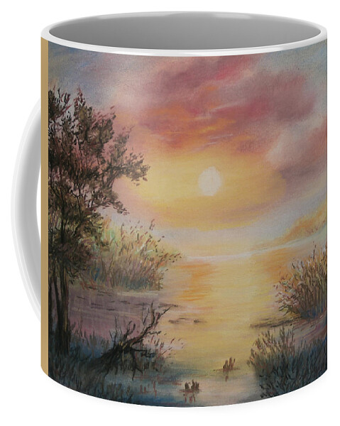 Luczay Coffee Mug featuring the painting Sunset by the Lake by Katalin Luczay