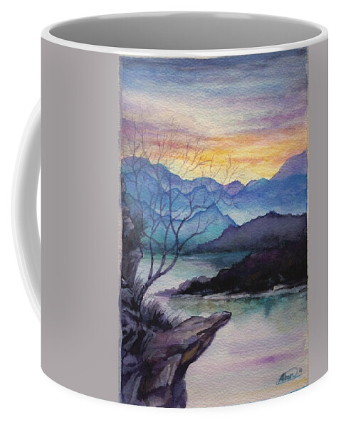Sunset Coffee Mug featuring the painting Sunset Montains by Alban Dizdari