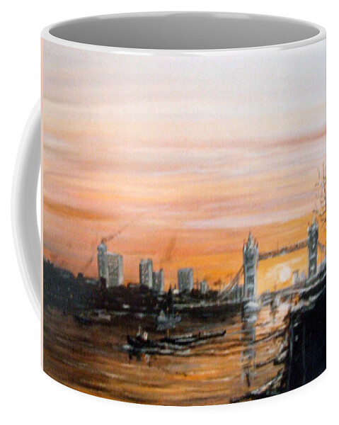Sunset Coffee Mug featuring the painting Sunset over Tower Bridge London from Pier Head Wapping by Mackenzie Moulton