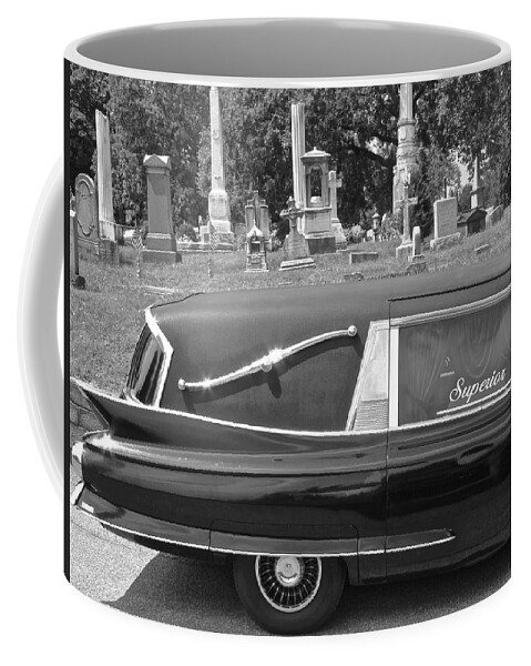 Superior Hearse Laurel Hill Cemetary Philadelphia Pa Car Show Black White Coffee Mug featuring the photograph Superior by Alice Gipson