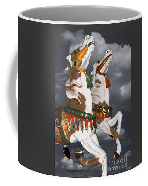 Carousel Coffee Mug featuring the photograph surreal carousel horses - Flying Pintos by Sharon Hudson