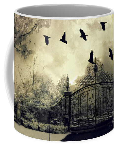 Ravens Coffee Mug featuring the digital art Surreal Gothic Spooky Haunting Gate With Ravens by Kathy Fornal