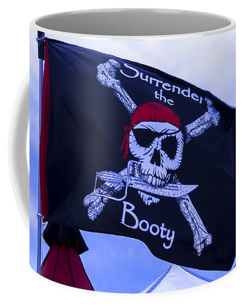 Surrender The Booty Coffee Mug featuring the photograph Surrender The Booty Pirate Flag by Garry Gay