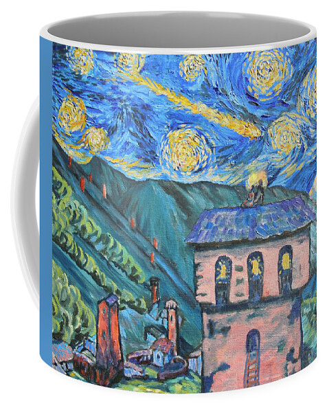 Night Scape Coffee Mug featuring the painting Svaneti Star Watchers I by Anastasia Savage Ealy