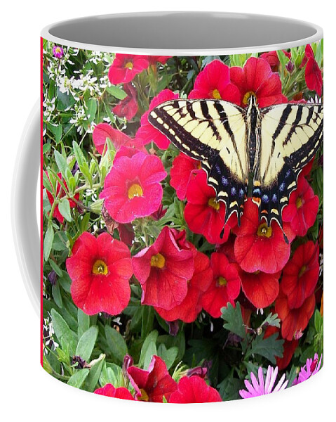 Fauna Coffee Mug featuring the painting Swallowtail and Petunia's by Sharon Duguay