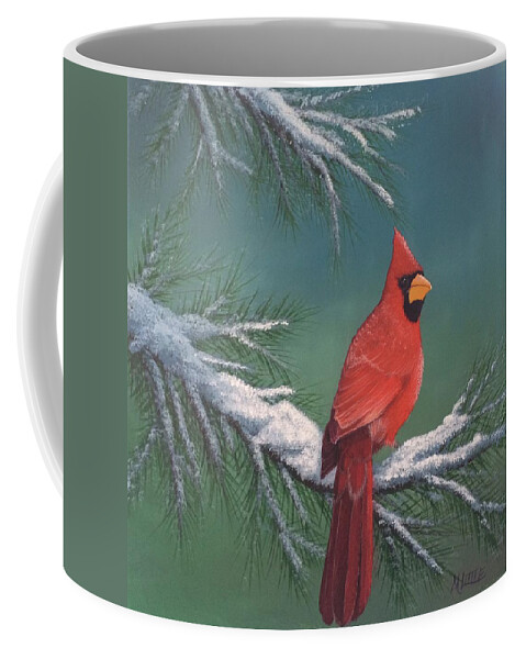 Cardinal Coffee Mug featuring the painting A Cardinal Winter by Marlene Little