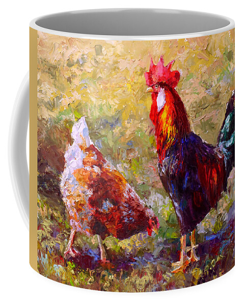 Chicken Coffee Mug featuring the painting Rooster and Hen Farm Art Chicken Painting by K Whitworth