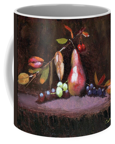  Still Life Of Vivid Fall Colors Surrounding Golden Pear Coffee Mug featuring the painting Taste of Fall by Ruben Carrillo