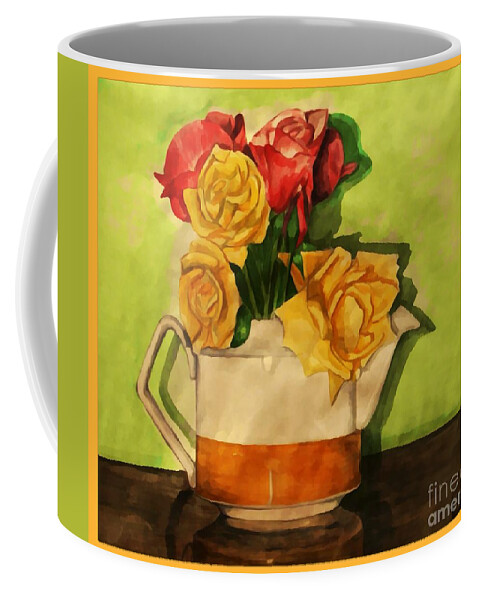 Tea Roses Coffee Mug featuring the painting Tea Roses Bordered by Joan-Violet Stretch
