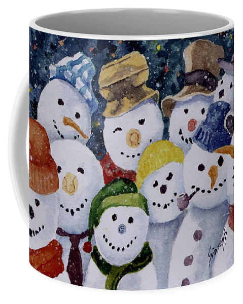 Snowmen Coffee Mug featuring the painting Ten Little Snowmen by Sam Sidders