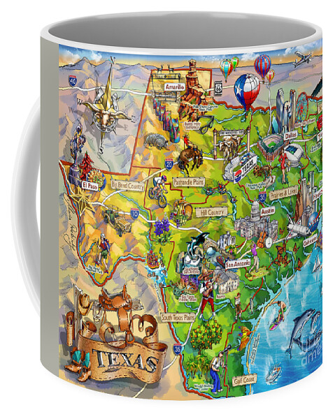 Texas Coffee Mug featuring the painting Texas Illustrated Map by Maria Rabinky