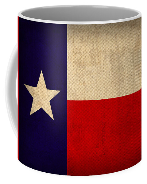 Texas State Flag Lone Star State Art On Worn Canvas Coffee Mug featuring the mixed media Texas State Flag Lone Star State Art on Worn Canvas by Design Turnpike