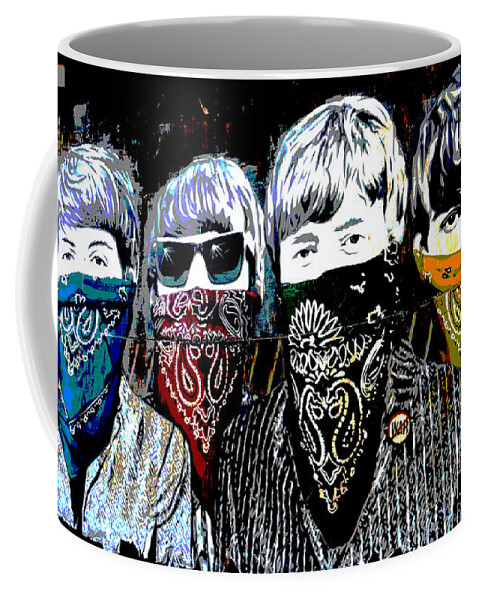 Banksy Coffee Mug featuring the photograph The Beatles wearing face masks by RicardMN Photography