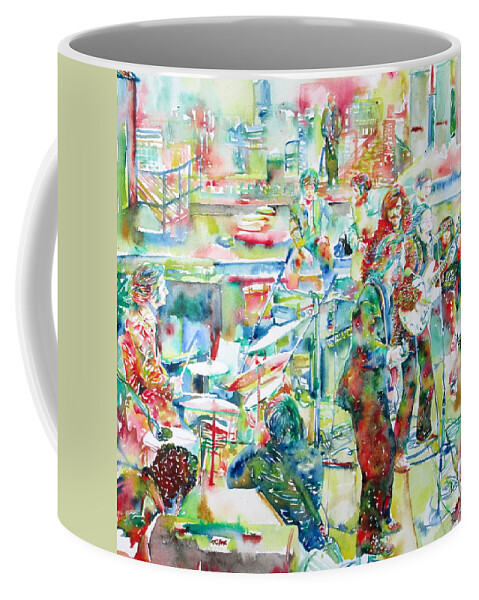 Beatles Coffee Mug featuring the painting THE BEATLES ROOFTOP CONCERT - watercolor painting by Fabrizio Cassetta