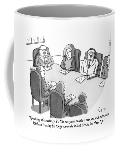 The Boss At An Executive Meeting Points Out An Coffee Mug