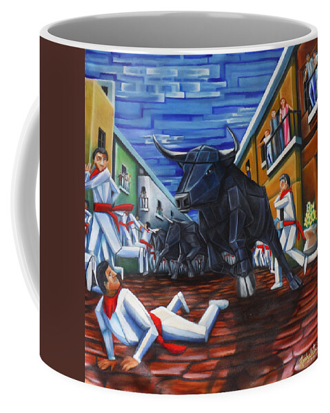 Spain Coffee Mug featuring the painting The Bull Run in Pamplona by Ruben Archuleta - Art Gallery