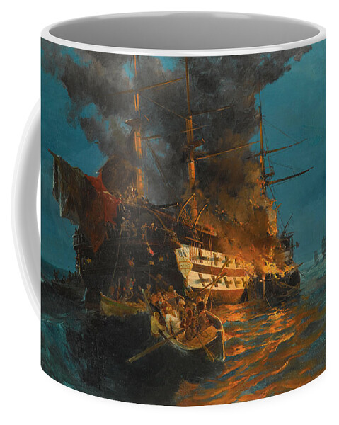 Konstantinos Volanakis Coffee Mug featuring the painting The burning of a Turkish frigate by Konstantinos Volanakis
