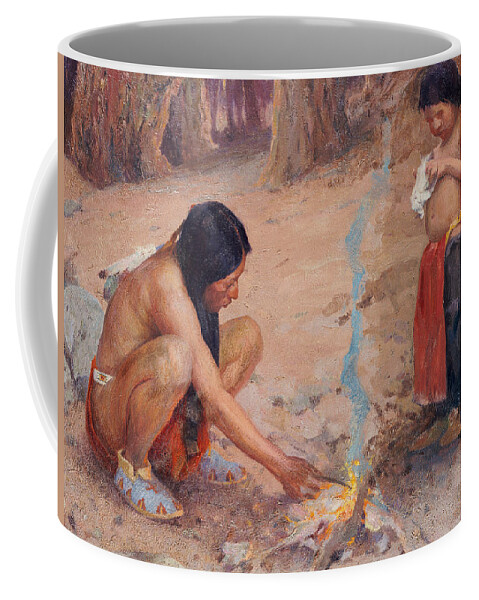 Indian Coffee Mug featuring the painting The Campfire by EI Couse