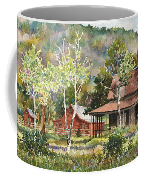 Barn Painting Coffee Mug featuring the painting The DeLonde Homestead at Caribou Ranch by Anne Gifford