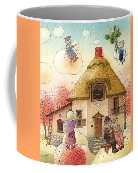 Cat Dream House Sky Clouds Flowers Spring Coffee Mug featuring the painting The Dream Cat 05 by Kestutis Kasparavicius
