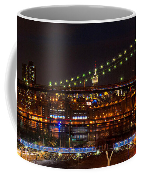 Amazing Brooklyn Bridge Photos Coffee Mug featuring the photograph The Empire State Building Framed by the Brooklyn Bridge by Mitchell R Grosky