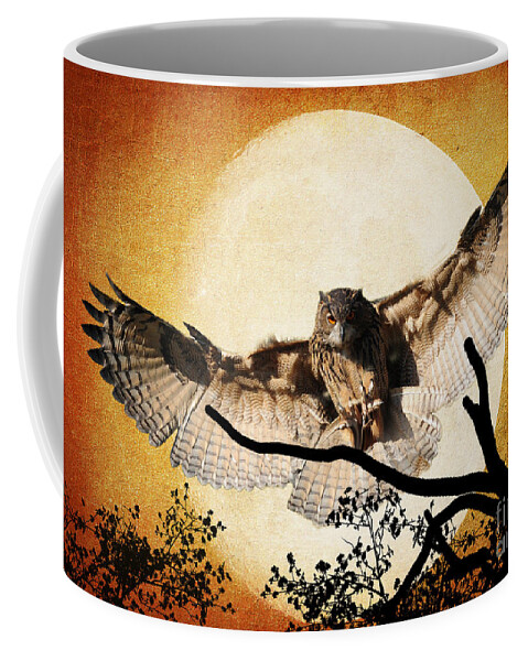 Textures Coffee Mug featuring the photograph The Eurasian Eagle Owl And The Moon by Kathy Baccari