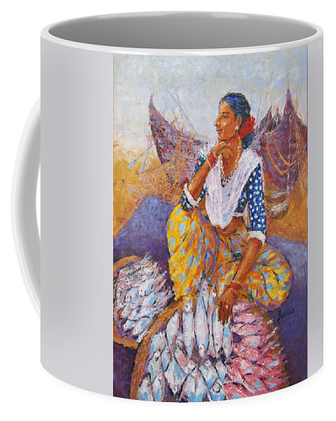 Fish Coffee Mug featuring the painting The Fisherwoman by Jyotika Shroff