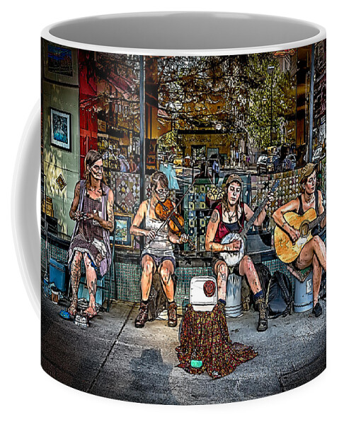 Buskers Coffee Mug featuring the digital art The Flat Pennies by John Haldane