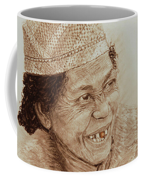 African Coffee Mug featuring the drawing The Gold Tooth in Sepia by Quwatha Valentine
