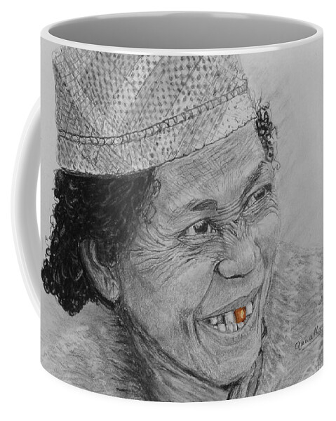 African Coffee Mug featuring the drawing The Gold Tooth by Quwatha Valentine