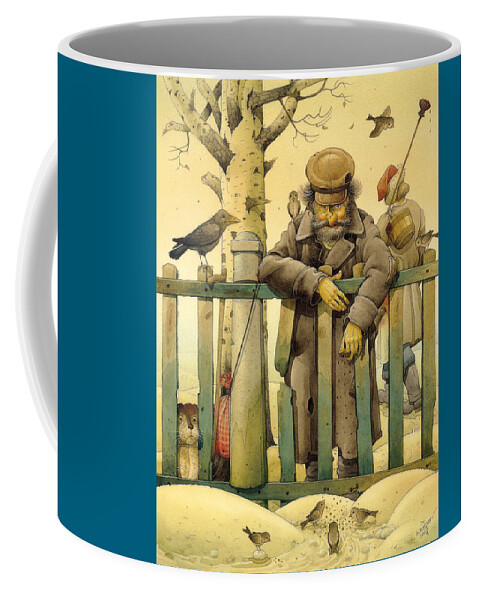 Russian Figures Winter Birds Dog Ladscape Holiday Christmas Coffee Mug featuring the drawing Russian scene01 by Kestutis Kasparavicius